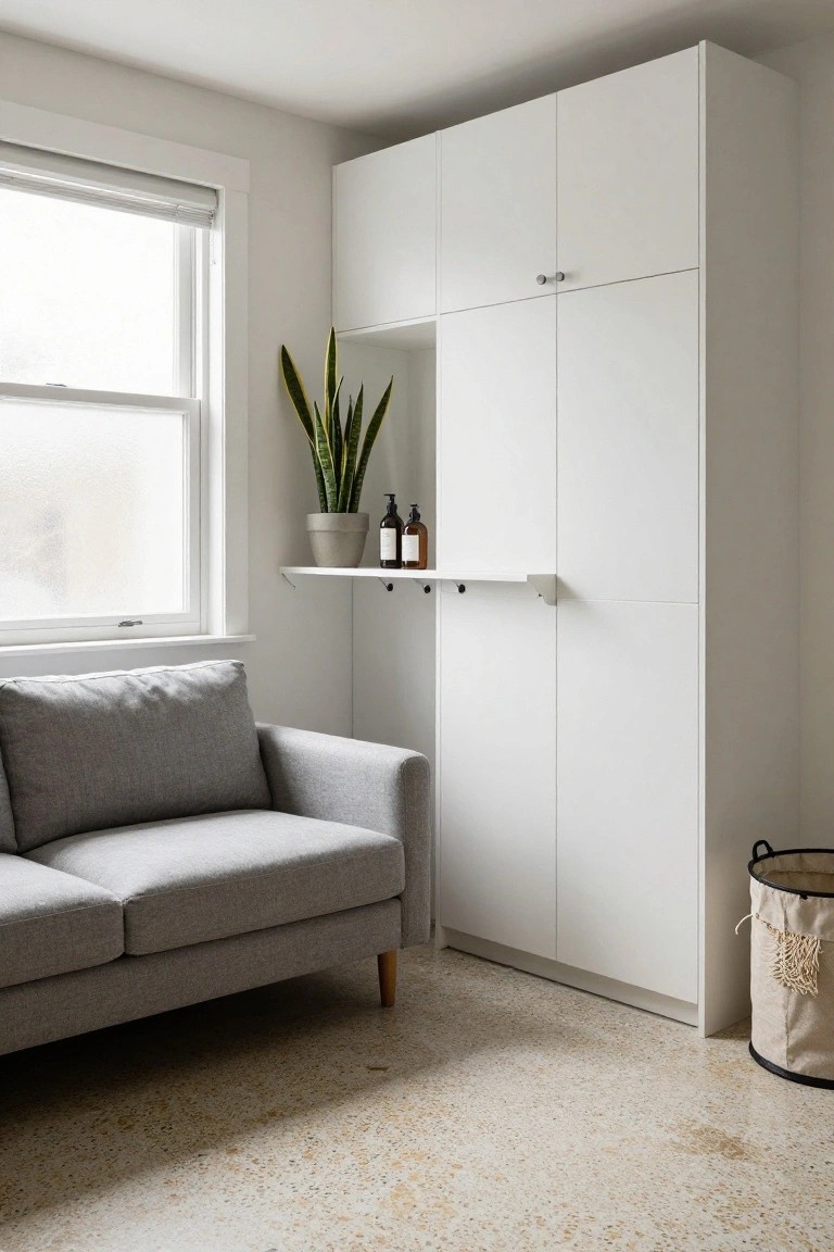A small indoor room with a tall white wardrobe unit featuring an open shelf displaying a potted snake plant and two bottles, a gray fabric sofa nearby, a wicker laundry basket, and a speckled terrazzo floor.