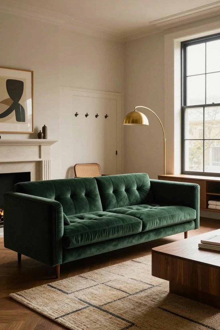 A tufted green velvet sofa sits in a living room with a marble fireplace, gold arc lamp, wooden coffee table, beige rug, and neutral walls.