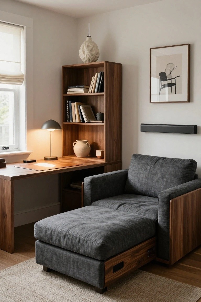 Minimalist home office interior with walnut wood desk and bookshelves, gray upholstered armchair with ottoman, desk lamp, terracotta vase, and window with roller shade.
