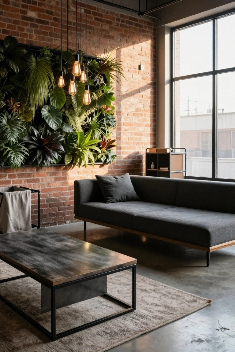 Modern interior with exposed red brick wall featuring a large vertical green plant installation, low-profile dark gray sofa, black metal coffee table, hanging Edison bulb pendants, wooden shelving unit, and large windows with natural light.