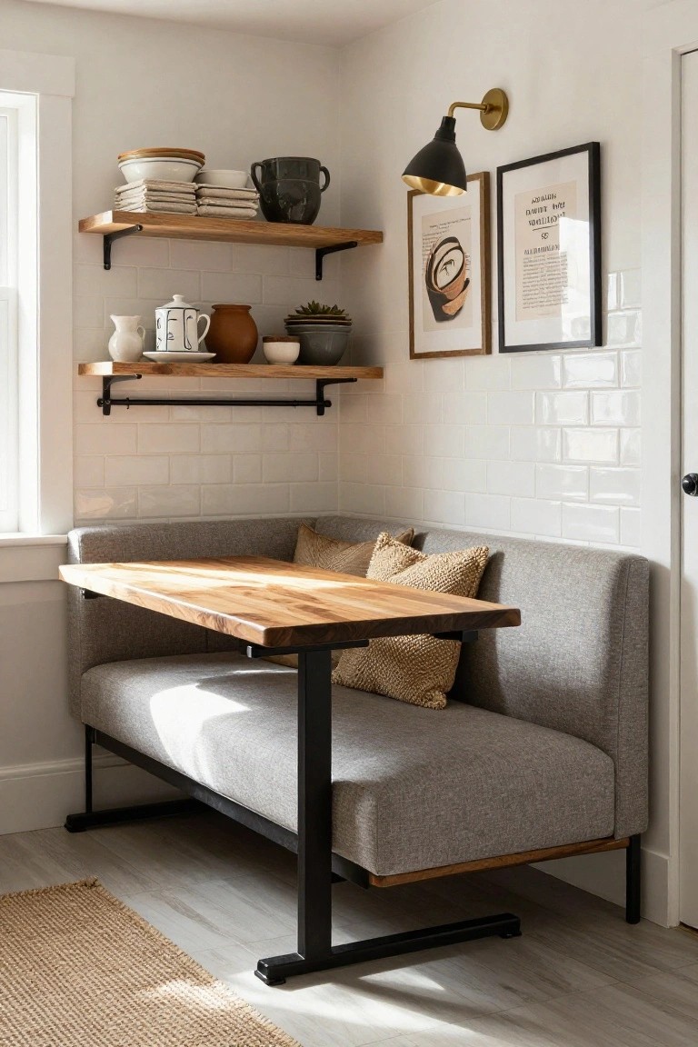 Corner gray upholstered bench with rectangular light wood table on black metal legs in a white subway tile kitchen nook with wooden shelves displaying pottery, plants, and dishes.