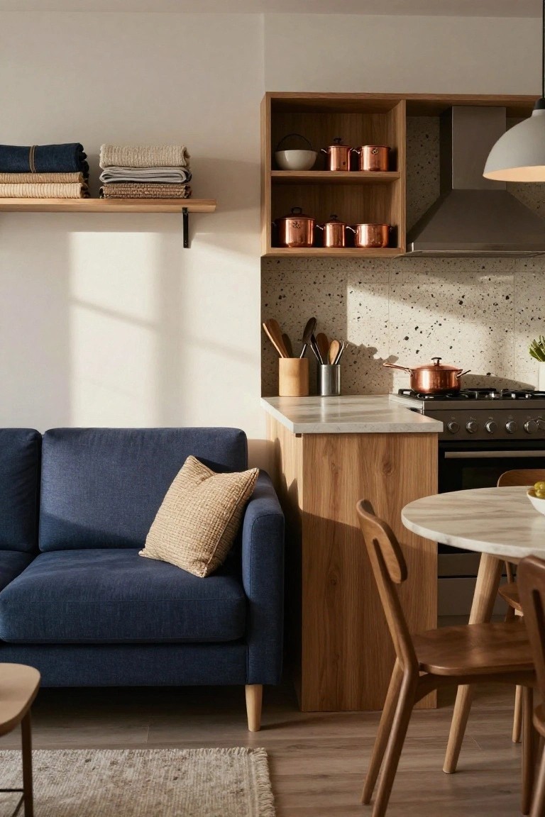 Open-plan kitchen-living area with oak cabinets, speckled backsplash, copper cookware on shelves, navy fabric sofa against the counter, round white marble table with wooden chairs, and neutral rug on wood floor.