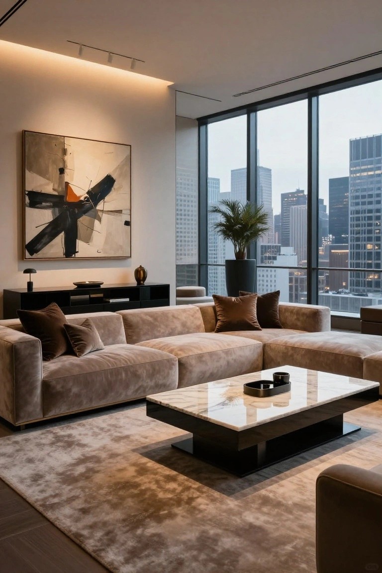 Modern living room with large L-shaped beige velvet sofa, black media console, marble coffee table, abstract painting on wall, potted palm plant, and floor-to-ceiling windows showing city skyline.