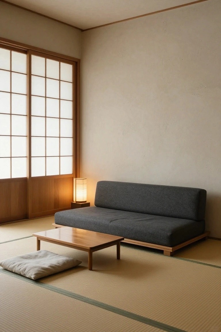 A low-profile gray sofa bed sits directly on tatami mats in a minimalist Japanese-style room with shoji sliding doors, a wooden low table, zabuton cushion, and paper lantern lamp.