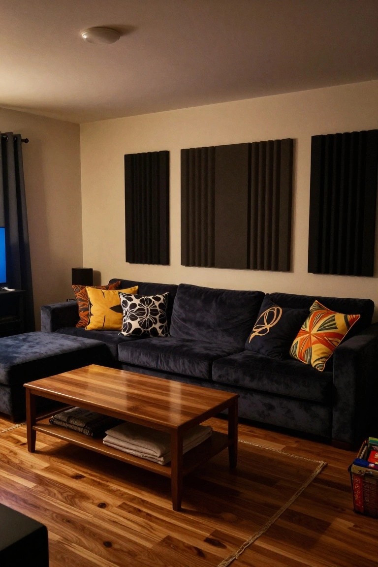 A cozy living room with a dark navy velvet L-shaped sectional sofa piled with colorful patterned pillows, a wooden coffee table holding folded blankets, three black acoustic panels on beige walls, hardwood floors, and a small toy basket nearby.