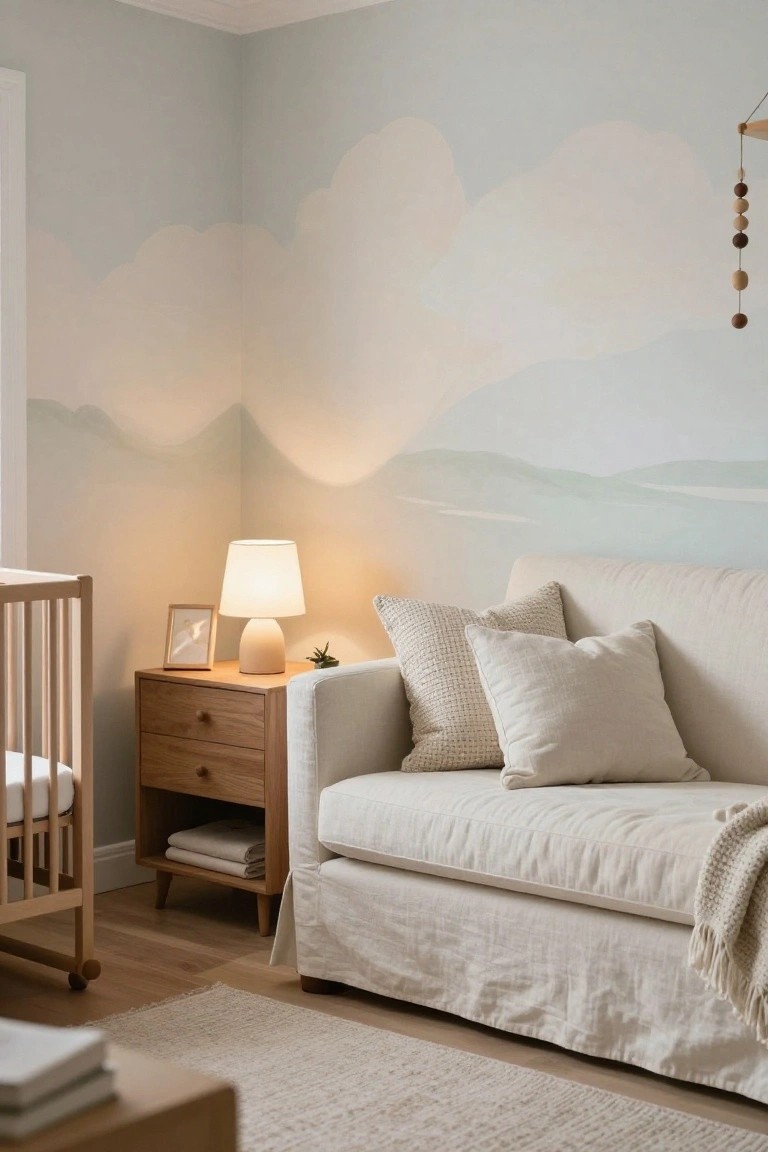 Nursery corner with white slipcovered sofa, wooden crib, oak nightstand holding a beige lamp and plant, pastel cloud and mountain wall mural, and beige rug on light wood floor.