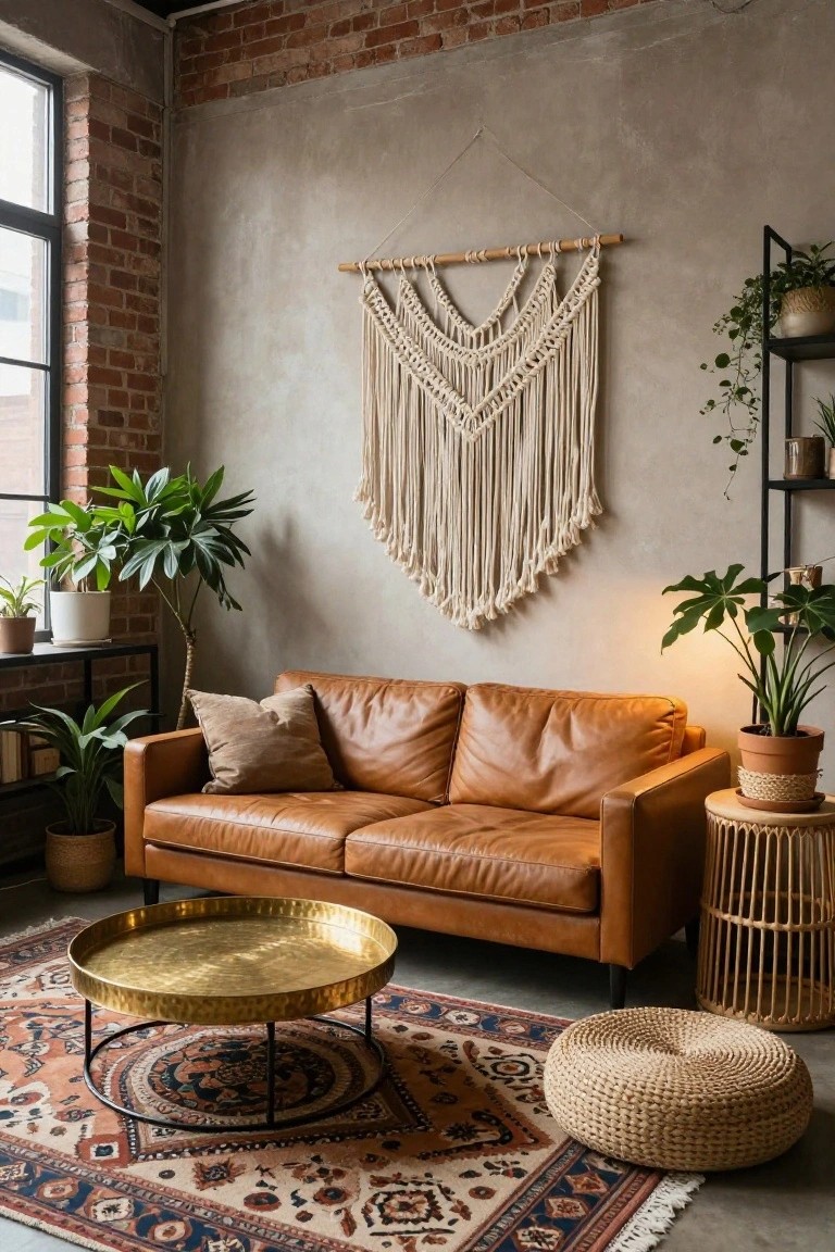 Tan leather sofa in an industrial-style living room with brick walls, concrete surfaces, macrame wall hanging, multiple potted plants, brass coffee table on a Persian rug, and woven pouf.