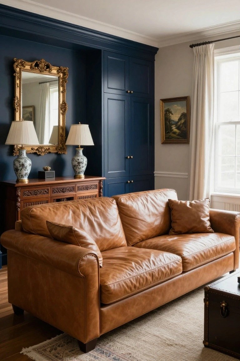 Tan leather sofa in a room with navy blue built-in cabinets, gold-framed mirror, porcelain lamps on wooden credenza, landscape painting by window with sheer curtains, and trunk side table on wood floor.