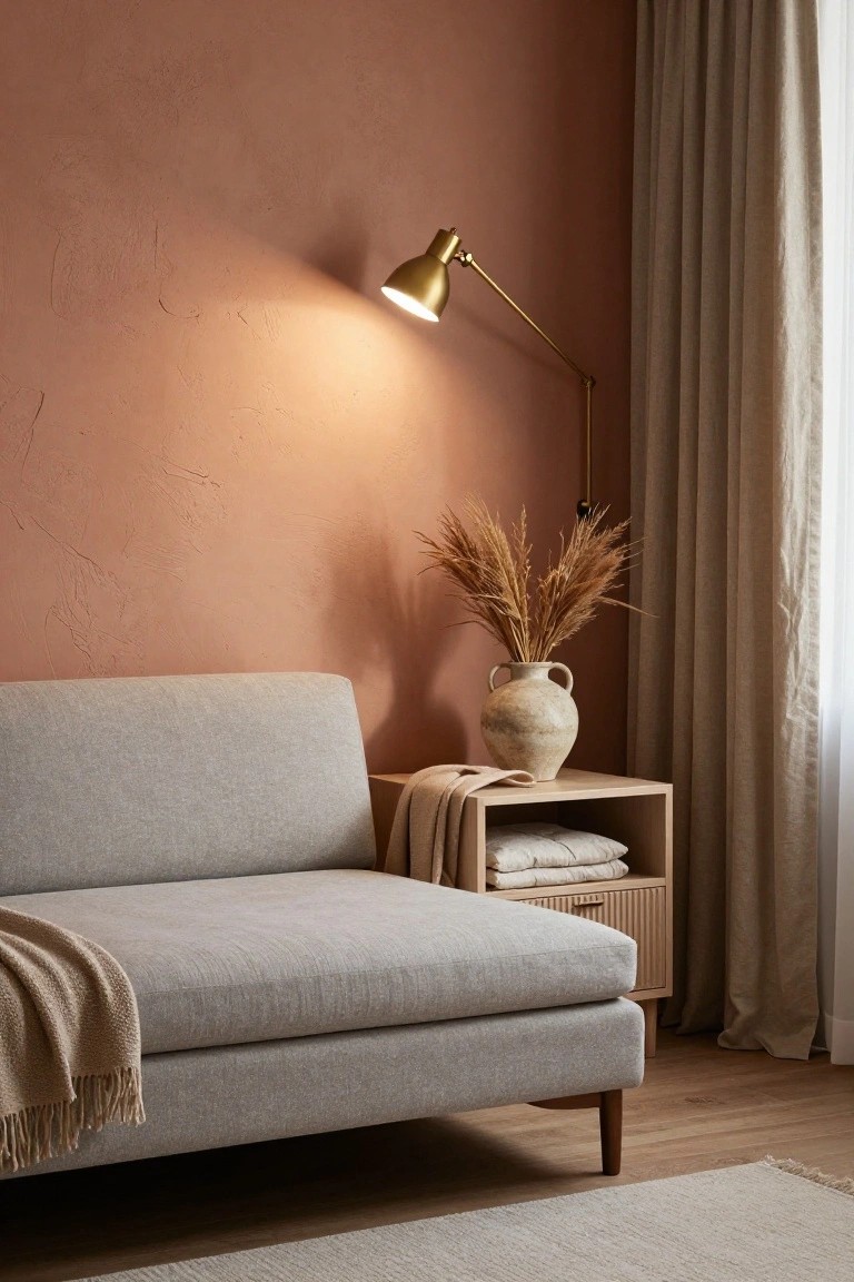 Light gray sofa bed with cream throw blanket in a corner against textured terracotta wall, gold adjustable wall lamp lit up, wooden slatted side table with beige vase of pampas grass and stacked linens, linen curtains on window, light wood floor and rug.