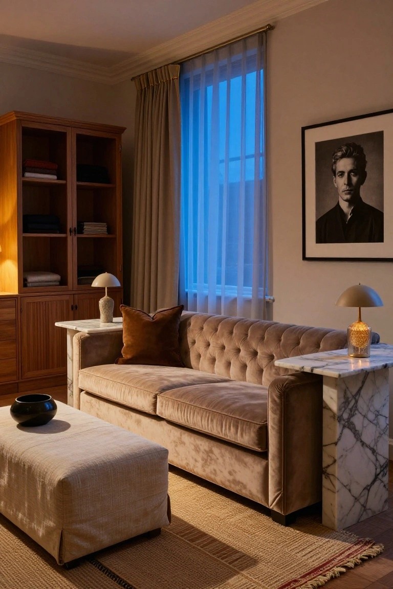 Beige tufted velvet sofa with brown pillow and linen ottoman on seagrass rug in living room with wooden bookcase, marble side table with gold lamp, and sheer curtained window.