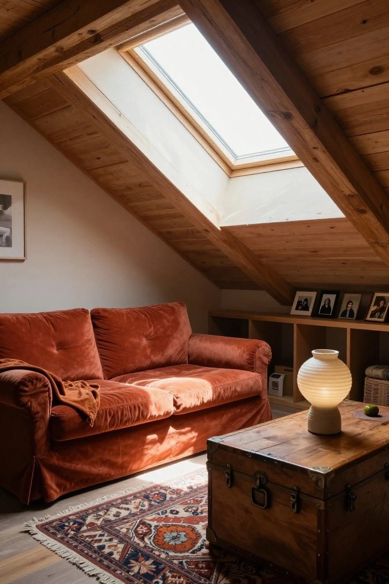 Attic room with orange velvet sofa on a patterned rug, wooden trunk table topped with lamp and apple, skylight in wood-beamed ceiling, shelves holding vase and framed photos.