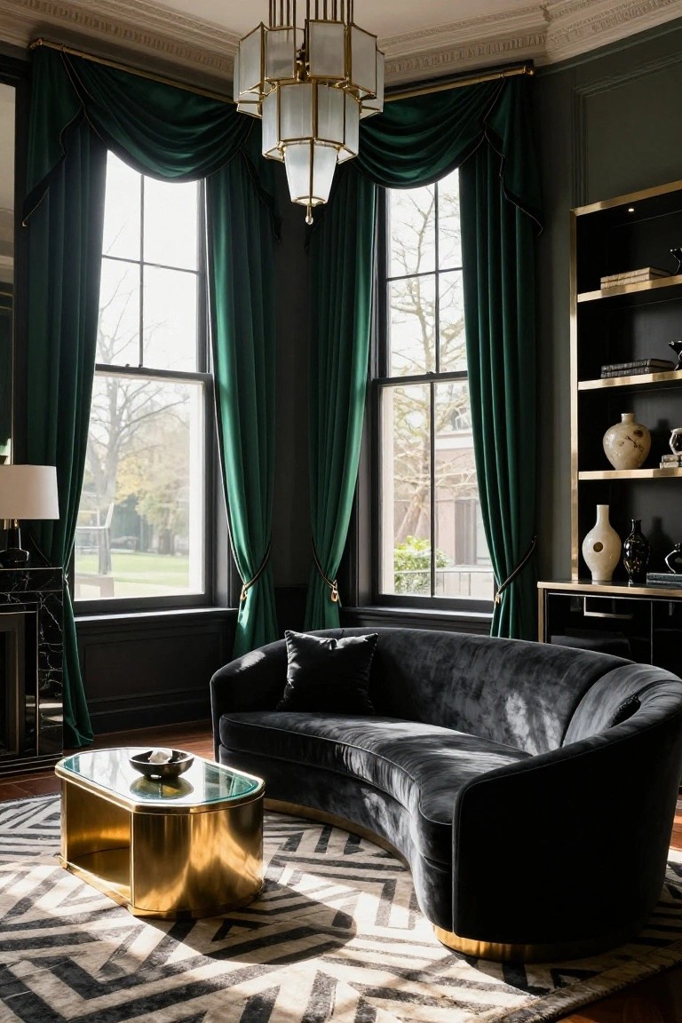 A corner living room with tall windows draped in emerald green floor-length curtains, a curved black velvet sofa, brass and glass coffee table on a zig-zag rug, and dark wood bookcases.
