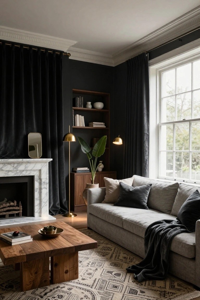 A corner of a living room featuring a gray sofa, wooden coffee table, marble fireplace, black floor-to-ceiling velvet curtains on two large windows, gold floor lamps, plants, and bookshelves.