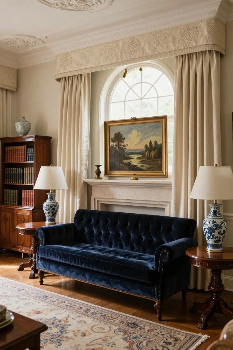 Living room with navy velvet tufted sofa facing fireplace, cream full-length curtains and embroidered valance on arched window, blue-and-white porcelain vases on side tables with lamps, wooden bookcase filled with red-bound books, and landscape oil painting above mantel on beige walls.