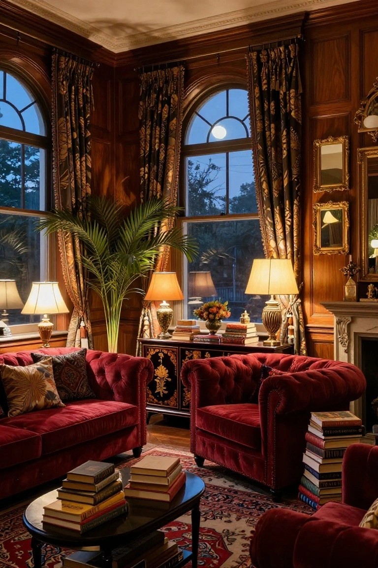 Dark wood-paneled living room with red velvet sofas and armchairs, arched windows draped in heavy ornate curtains, potted palm tree, multiple table lamps, stacks of books, and a round coffee table on a patterned rug at evening.