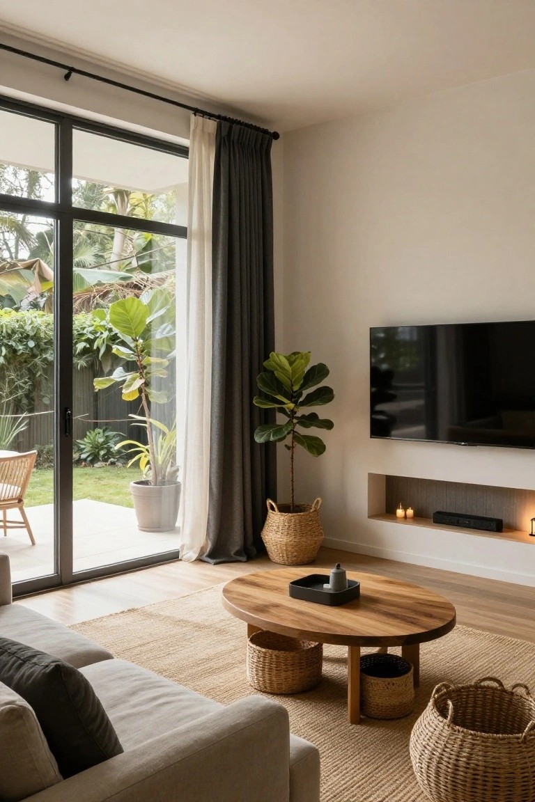 A light gray sofa in a modern living room with a round wooden coffee table, woven baskets, potted fiddle leaf fig plants, wall-mounted TV above a built-in shelf with candles, and large sliding glass doors with layered sheer white and dark gray curtains opening to a garden patio.