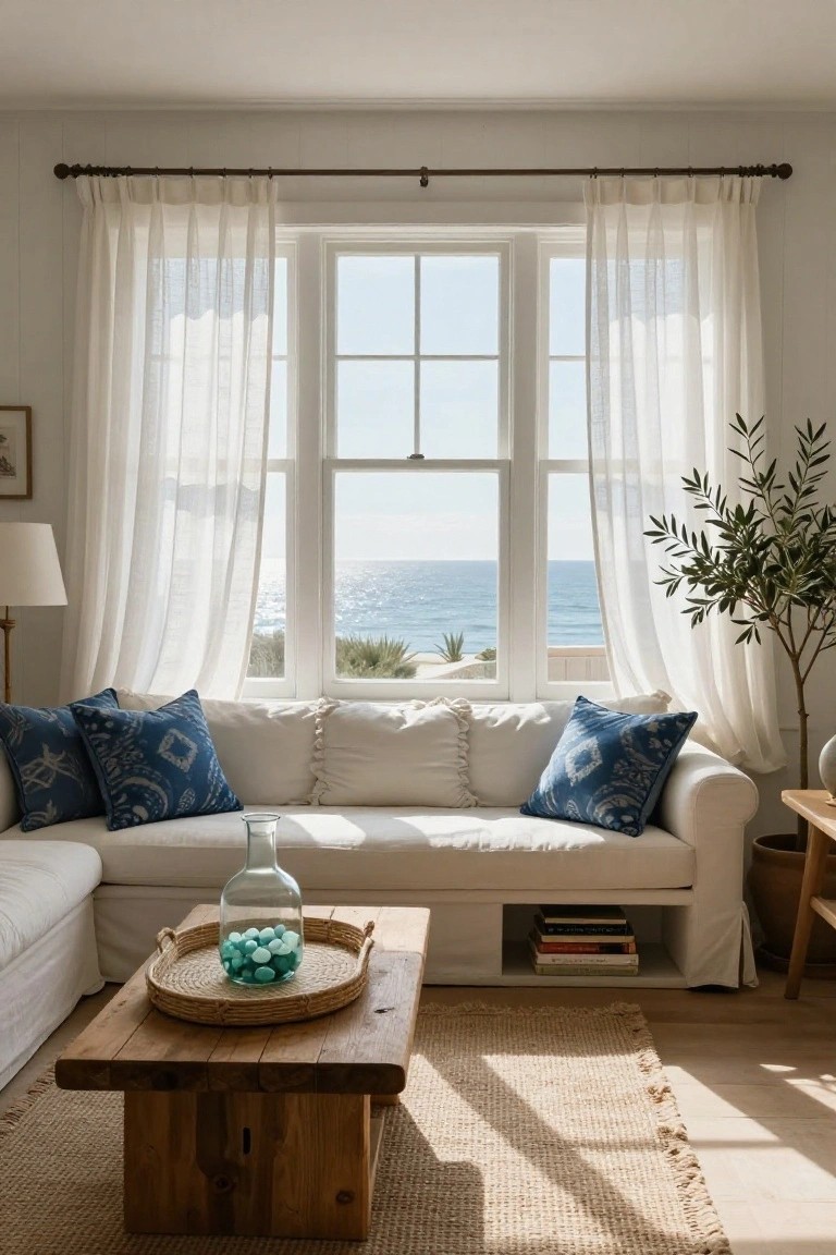 Bright living room with white sofa, blue patterned pillows, sheer white curtains on large triple windows overlooking the ocean, wooden coffee table holding a tray of blue glass beads, seagrass rug, and potted olive tree.