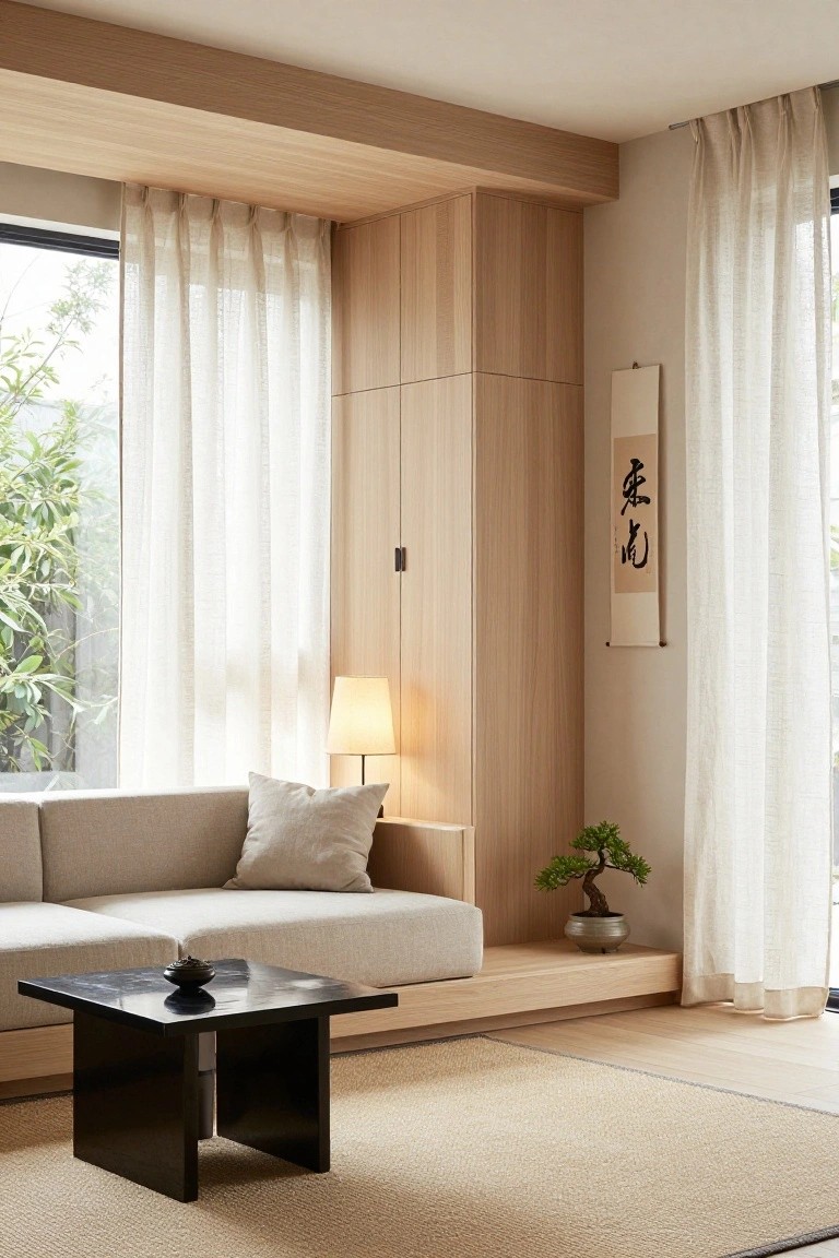 Minimalist living room with low beige sofa, black square coffee table holding incense burner, bonsai plant on wooden shelf, tall light wood cabinets, sheer white curtains on large windows with greenery outside, lamp on shelf, and light wood floor with seagrass rug.