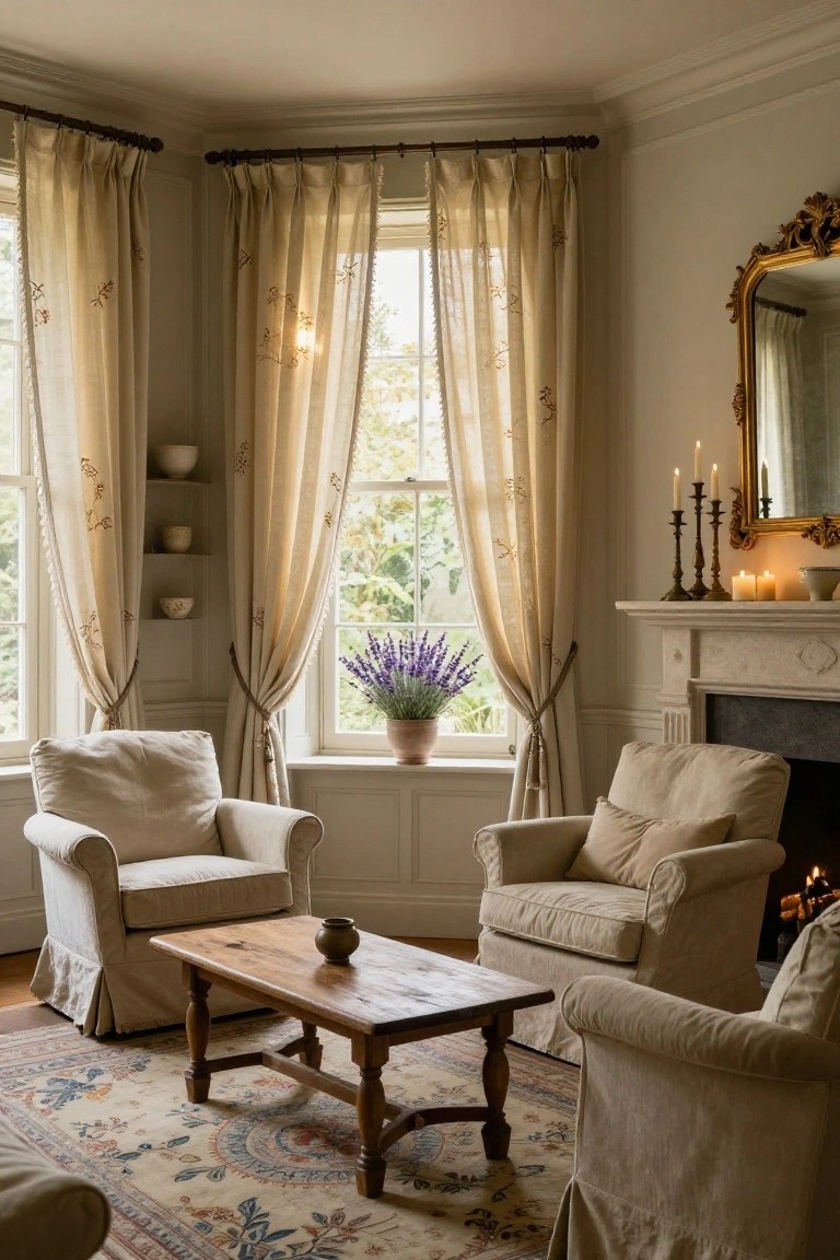 Corner of a living room with two beige linen armchairs, wooden coffee table, marble fireplace with candles and candelabras, gold ornate mirror, shelves holding white ceramics, large windows covered in sheer embroidered linen curtains, and potted lavender plant.