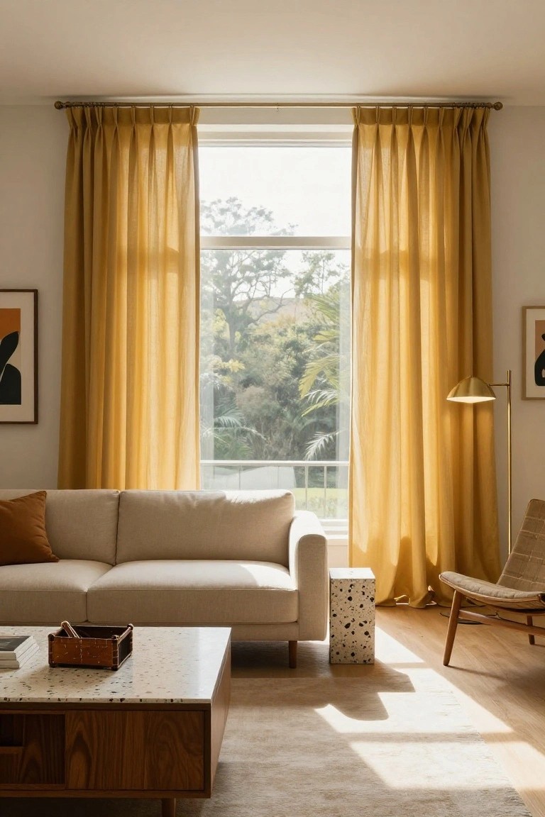 Modern living room with light beige sofa, wooden coffee table with terrazzo top, mustard yellow sheer pleated curtains on large window overlooking trees, and tan armchair nearby.