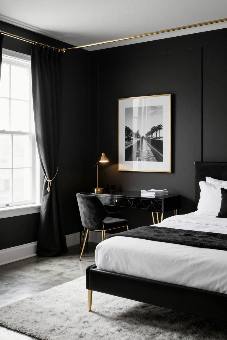 Corner of a dark-walled bedroom with black leather bed on gold legs, white bedding, black marble desk with velvet chair on gold legs, gold desk lamp, black curtains on gold rod, and large framed black-and-white palm-lined road photo above desk.