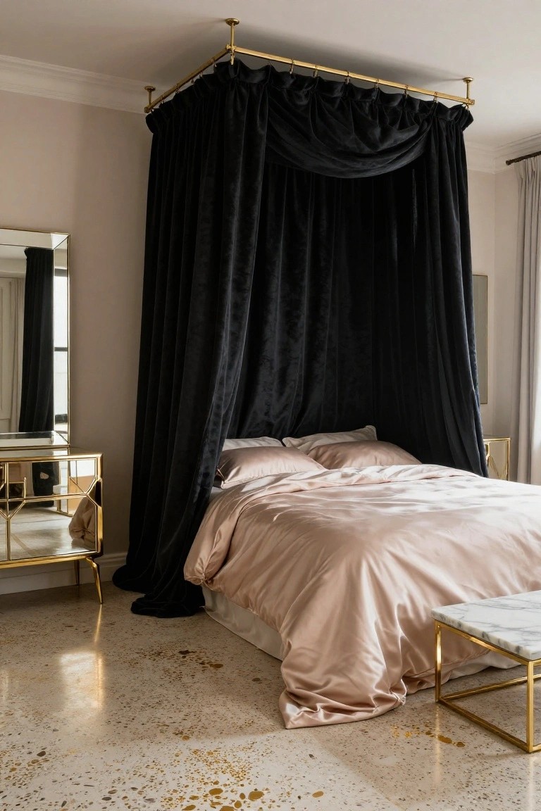Bedroom interior with a king-size bed under a black velvet canopy on brass ceiling pipes, flanked by gold nightstands and mirrors on a terrazzo floor.