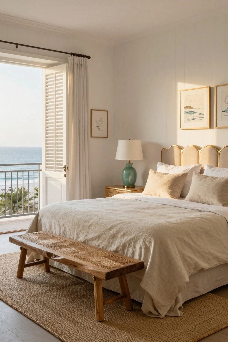 Bedroom with gold curved headboard on a king bed with neutral linens, wooden bench at foot, white walls, green lamp on side table, and open shutters to sea view balcony.