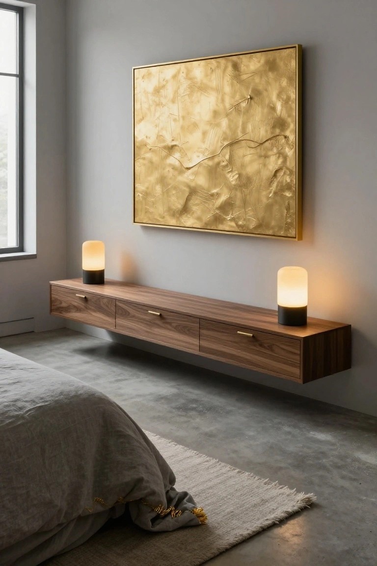 Modern bedroom with gray walls and concrete floor, featuring a large textured gold abstract painting above a floating walnut console with drawers and two white-shade black-base lamps, next to a bed with gray linens and a cream rug.