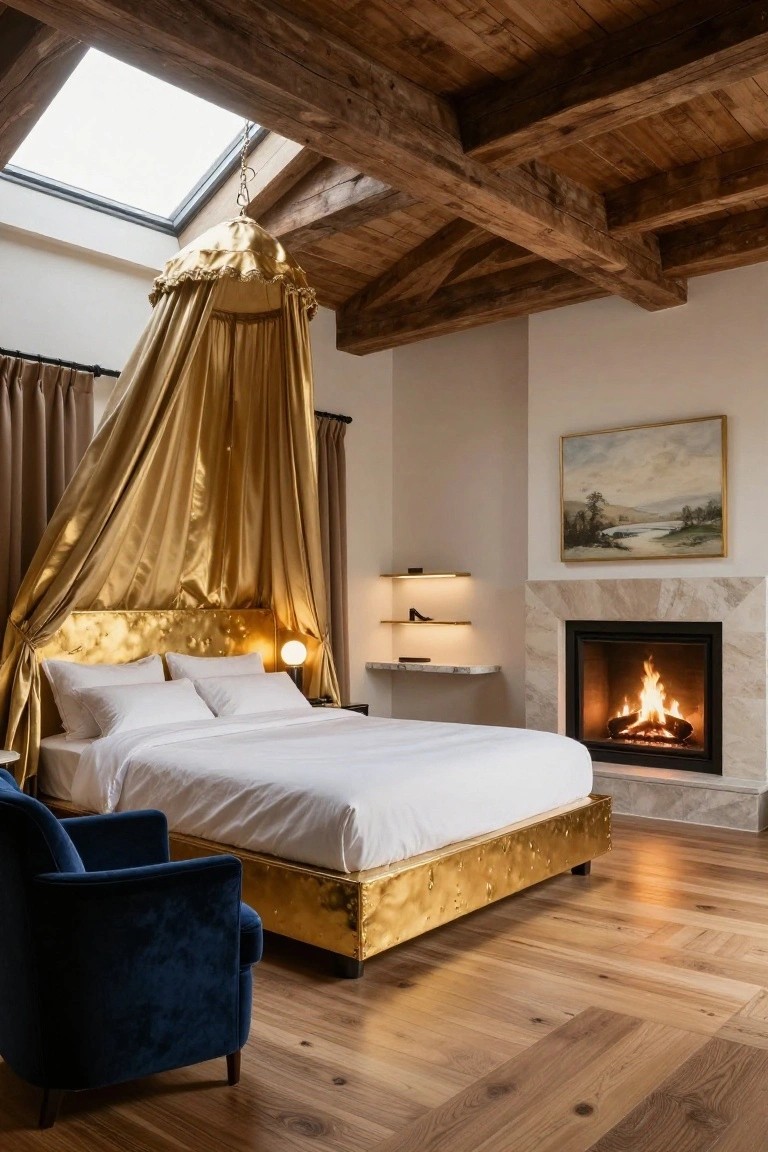 Bedroom interior with gold upholstered bed frame under draped gold canopy, white bedding, two pillows, bedside lamp, marble fireplace with burning logs, blue velvet armchair, wooden beams, skylight, and parquet floor.