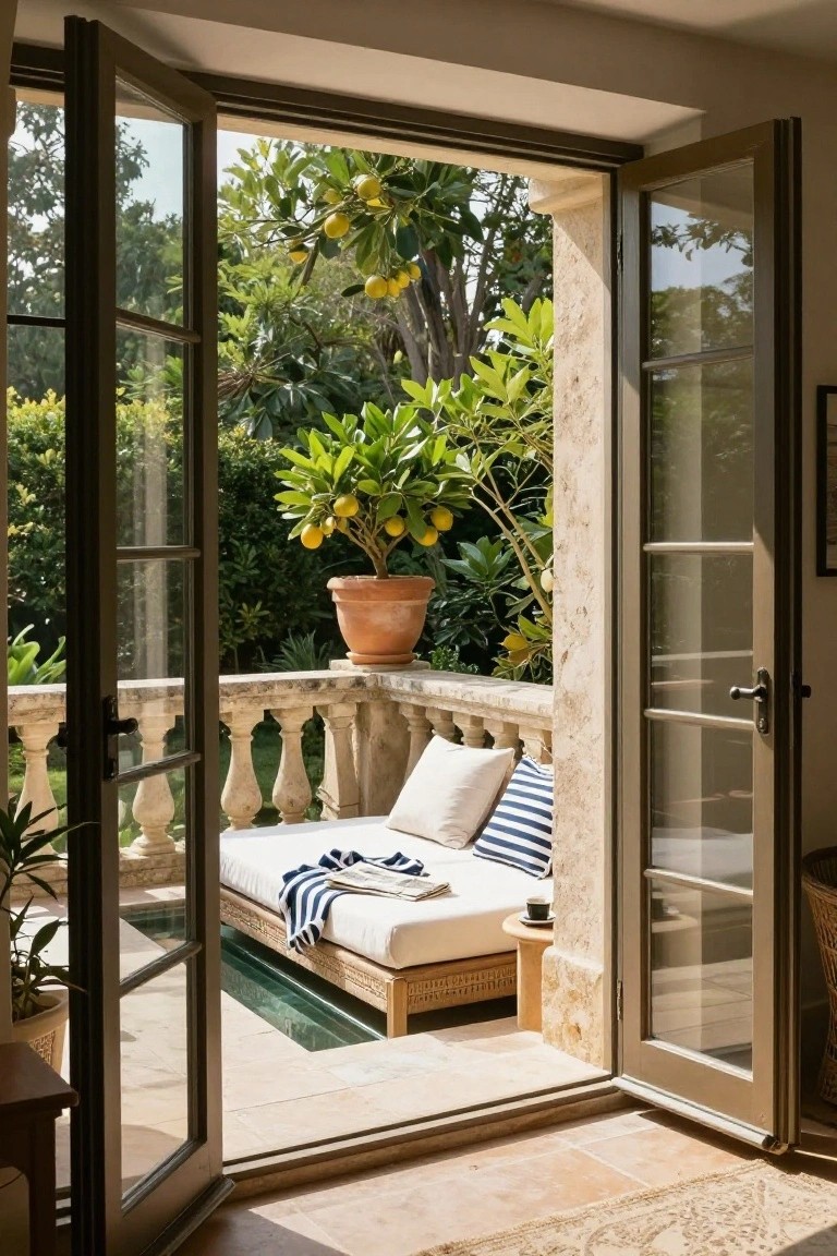 Open French doors from a beige interior to a stone balcony featuring a low cushioned daybed with white bedding and blue striped towels and pillows, a terracotta potted lemon tree, small green pool, and lush surrounding greenery.