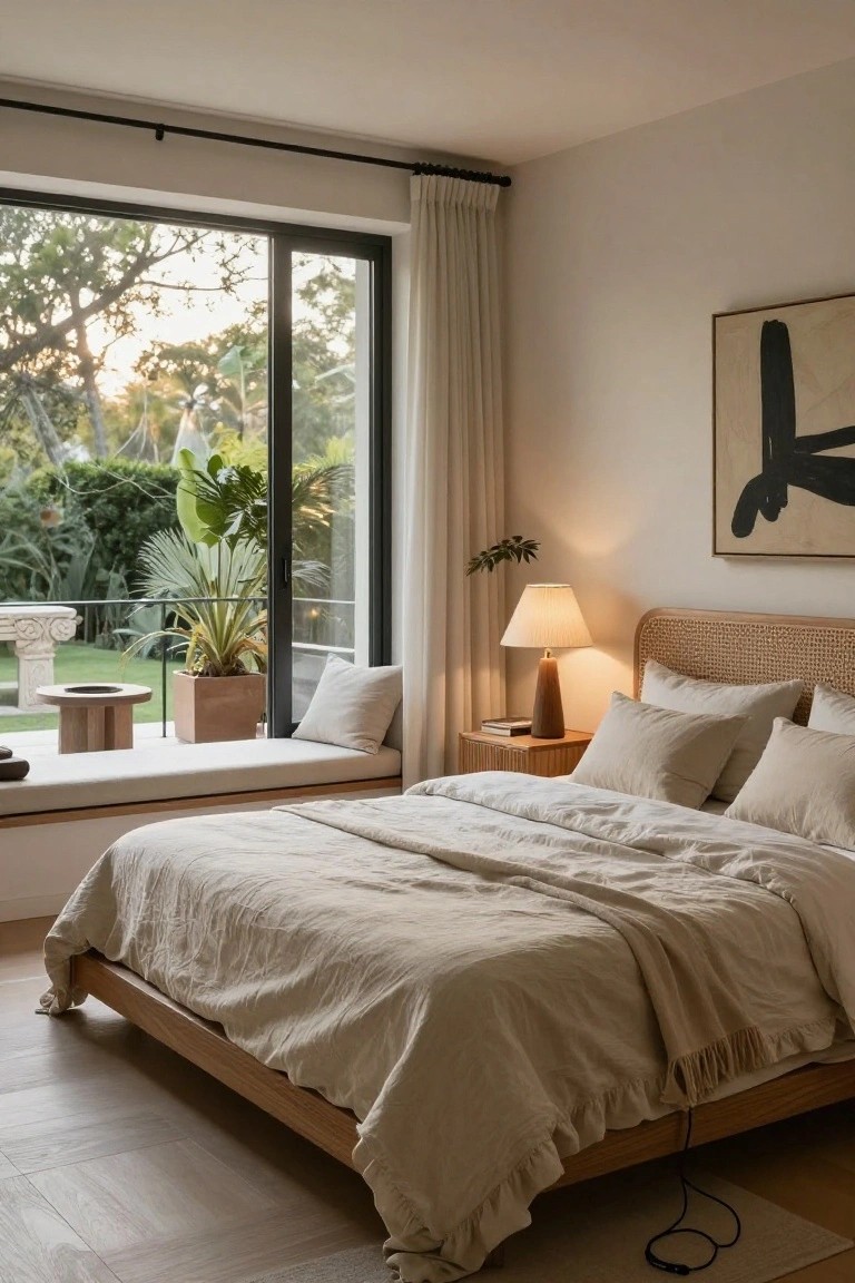Light beige bedroom featuring a low wooden platform bed with linen bedding, rattan headboard, wooden nightstand with lamp, large floor-to-ceiling sliding windows with sheer curtains overlooking tropical garden and plants, built-in cushioned window seat, and abstract wall art.
