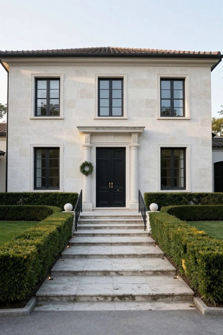 Front exterior of a two-story house with beige limestone facade, black-framed windows, black double front doors under a pediment with columns, wide stone steps with black iron railings flanked by round-topped boxwood hedges and globe lights, green lawn and driveway in foreground.