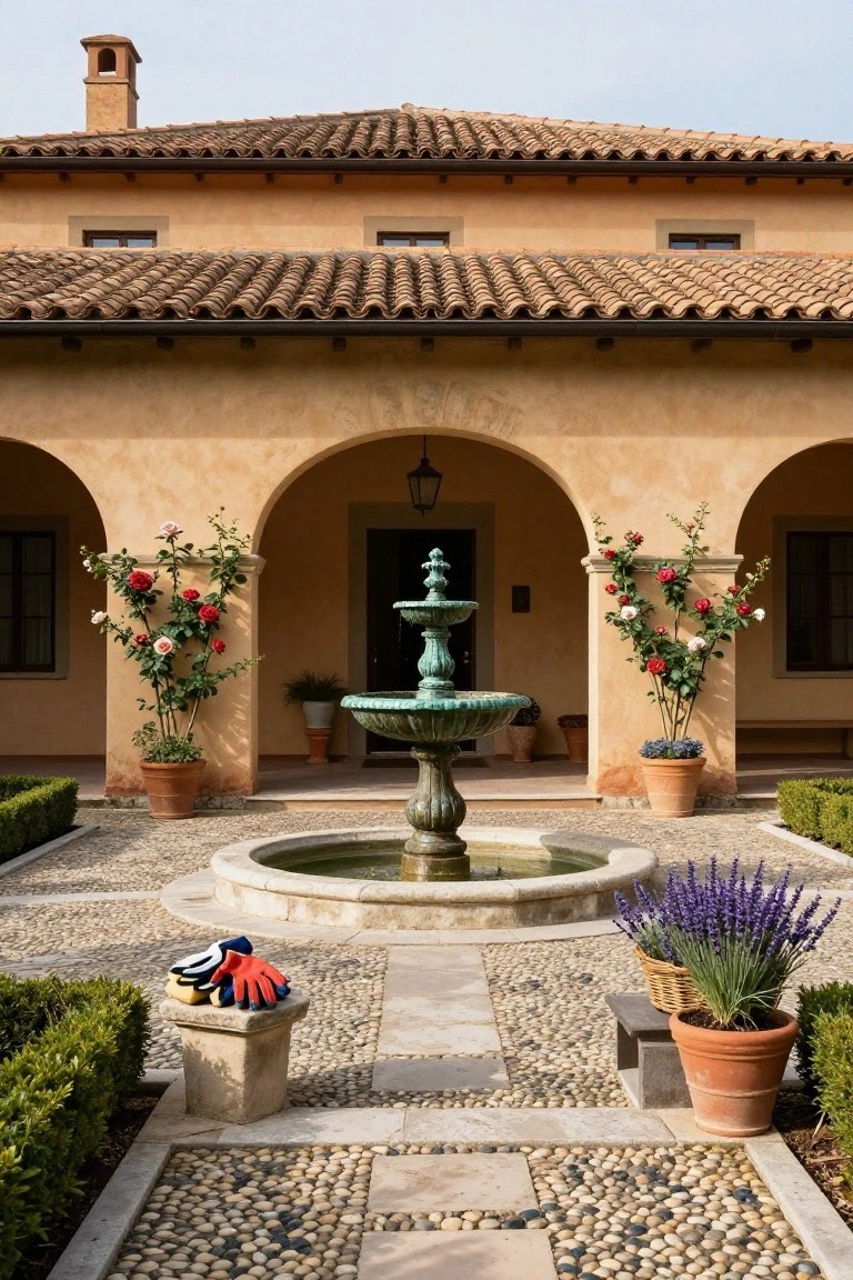 Beige stucco house with terracotta tile roof and arched entryway surrounding a central green metal fountain in a pebble and stone paved courtyard, accented by climbing roses, lavender plants in terracotta pots, boxwood hedges, and garden gloves on a stone pedestal.