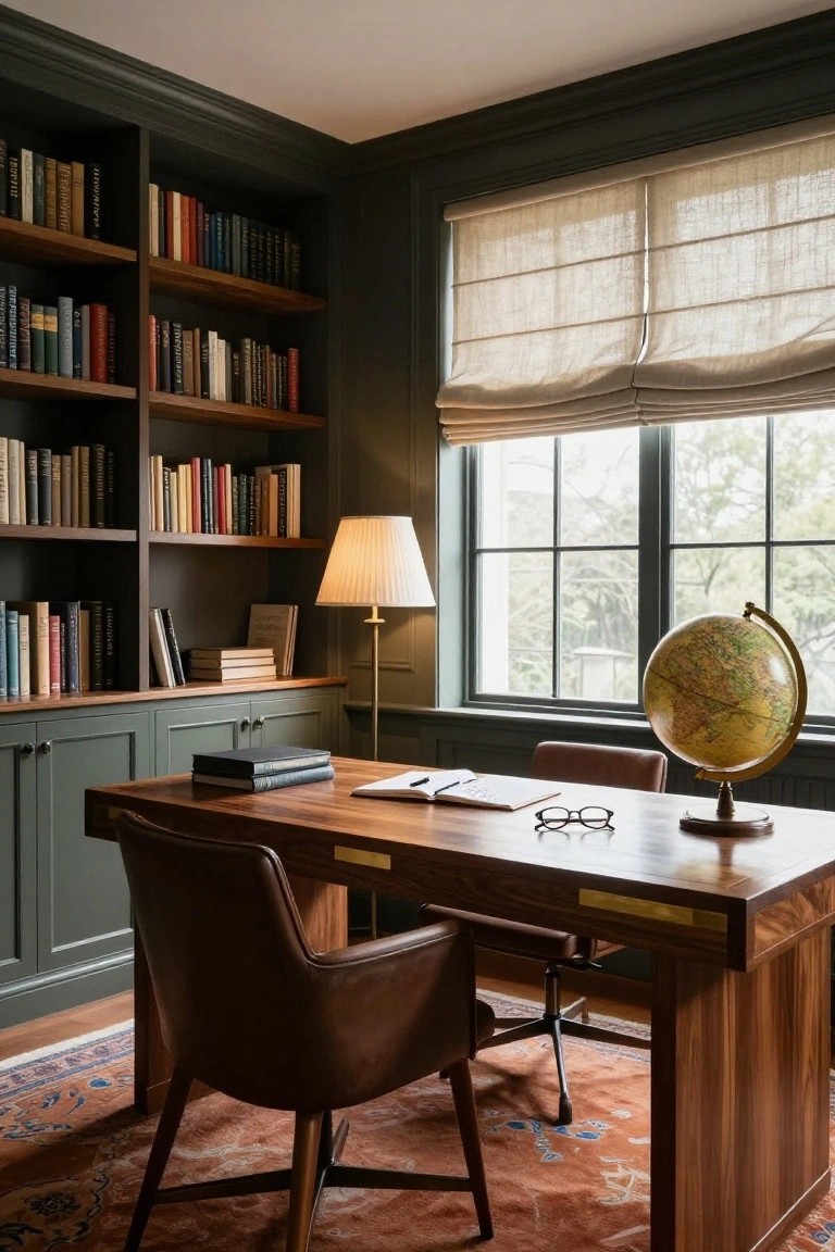Corner view of a home study with dark green painted built-in bookshelves and cabinets, wooden desk, leather chair, brass lamp, globe, and window with linen roman shades over a patterned rug.