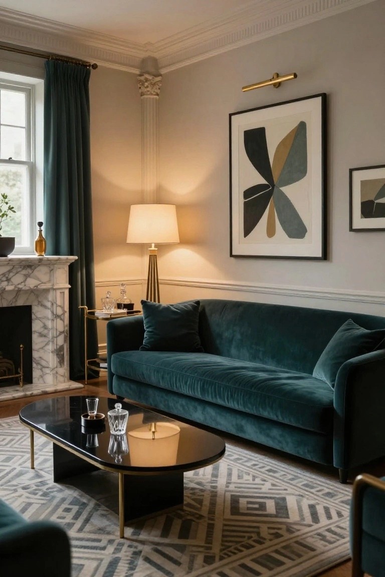Living room with emerald green velvet sofa facing a marble fireplace, brass floor lamp, black oval coffee table on patterned rug, and abstract art on walls.