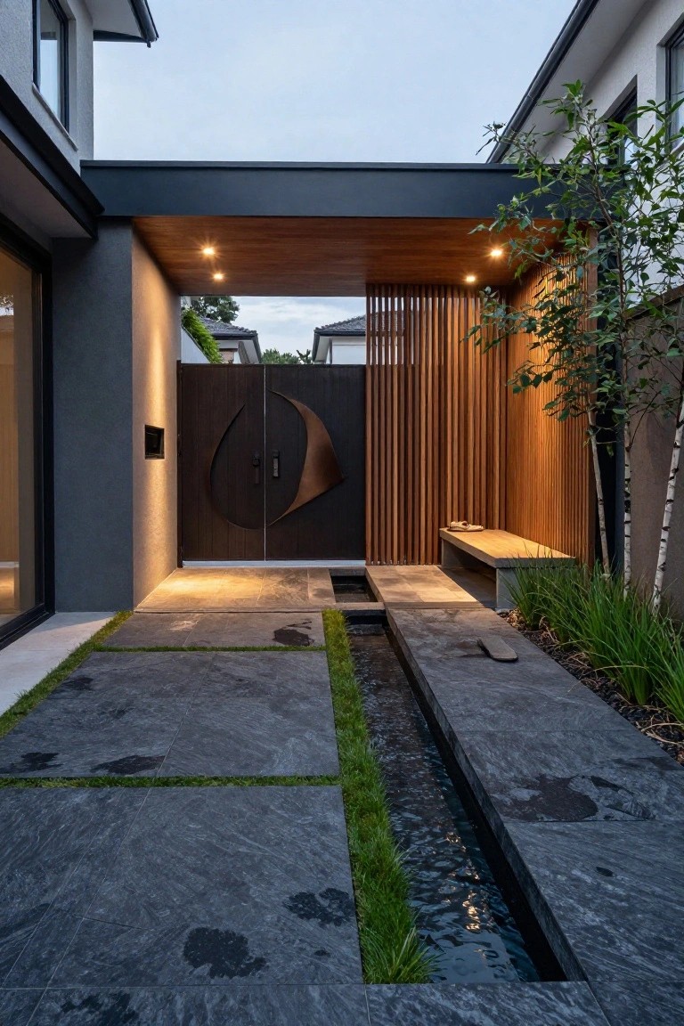 Dark gray stone slab pathway with a central linear water channel flanked by grass strips, leading to a wooden gate with sculptural design, wooden slat screen, bench, and plants beside a modern house exterior.