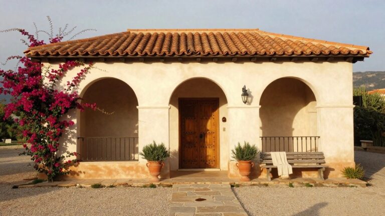 Stucco house facade with terracotta tile roof, three arches including a central one over a large wooden door with iron hardware, flanked by lanterns and potted plants beside a stone pathway on gravel ground.