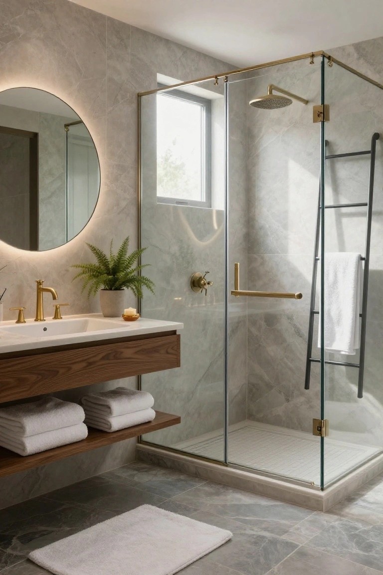 Modern bathroom featuring gray marble walls and floor, floating wood vanity with stacked white towels, round backlit mirror, potted plant, and glass shower enclosure with brass hardware and black ladder towel rack.