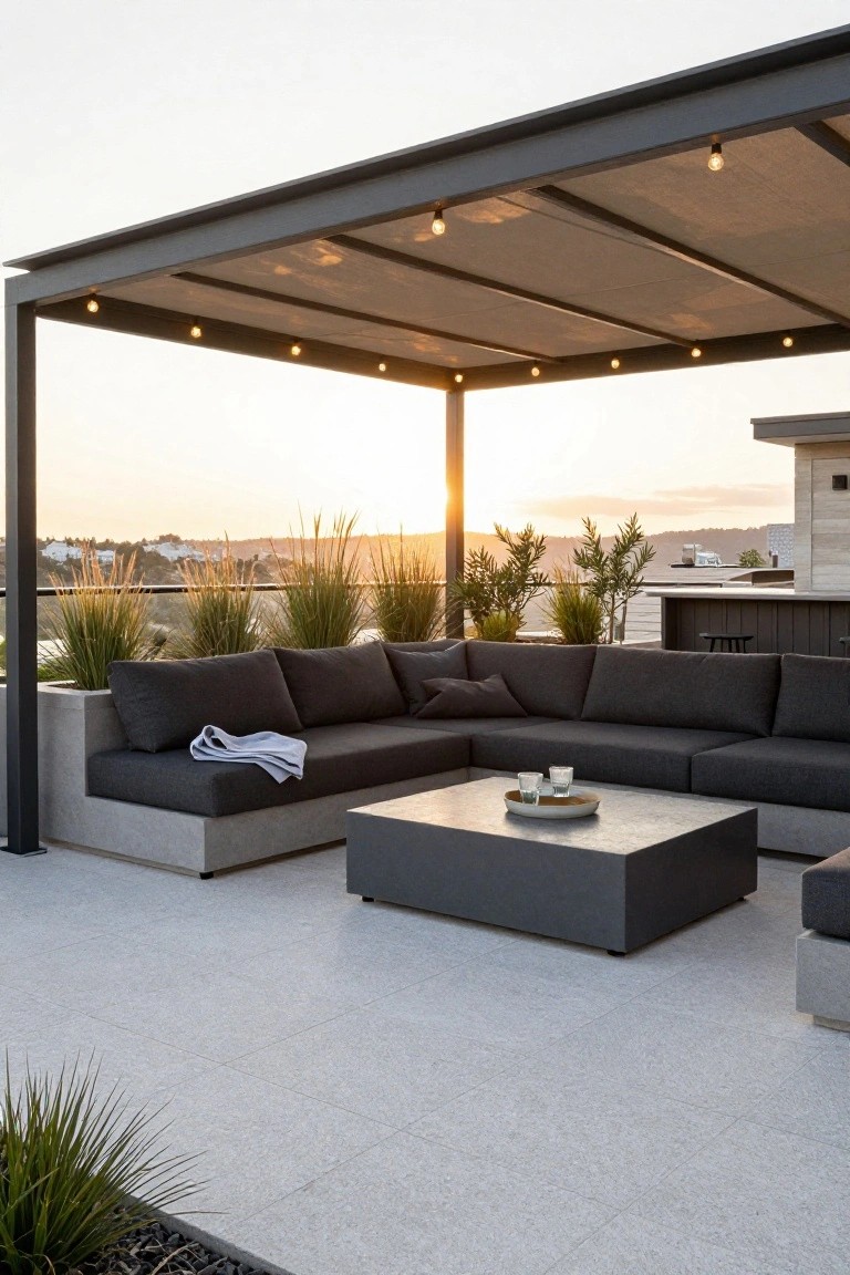 Black metal pergola with beige shade fabric and string lights over an L-shaped dark gray outdoor sectional sofa, low coffee table, potted tall grasses, and stone terrace with distant hill view at sunset.