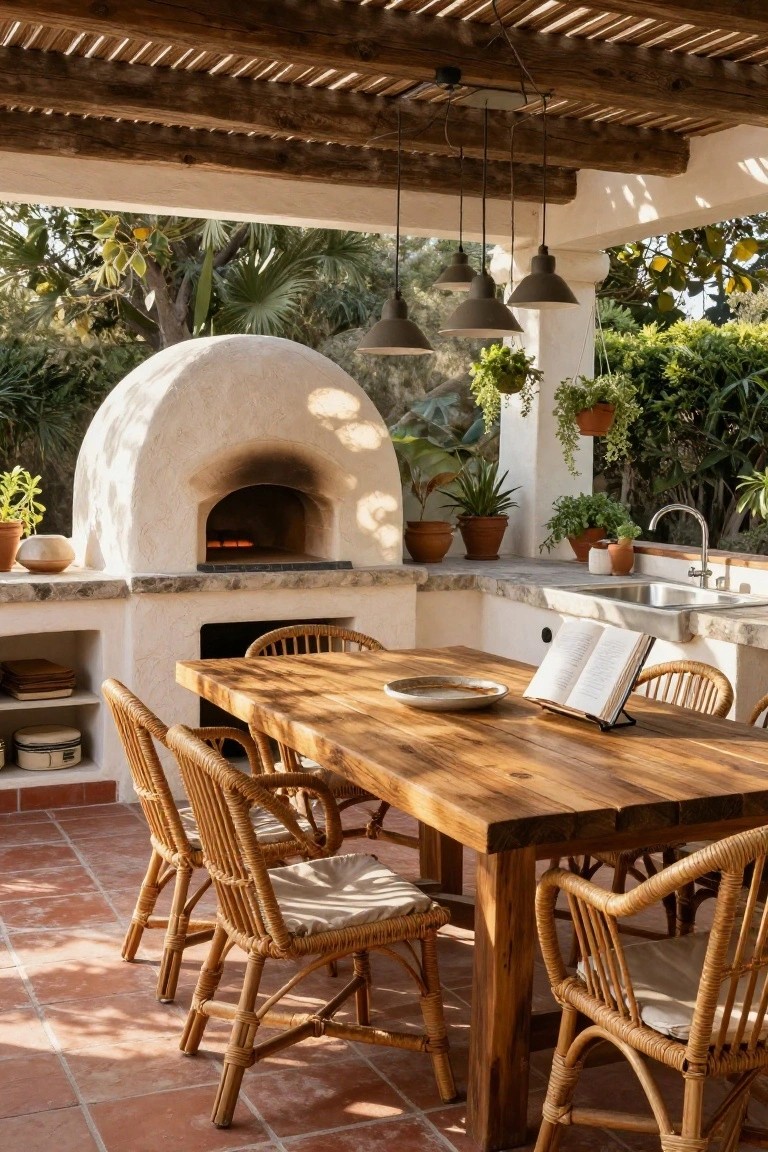 Outdoor kitchen under a wooden pergola with a white dome-shaped wood-fired oven, stone countertop and sink, wooden dining table surrounded by rattan chairs, potted plants, and lush greenery in the background.