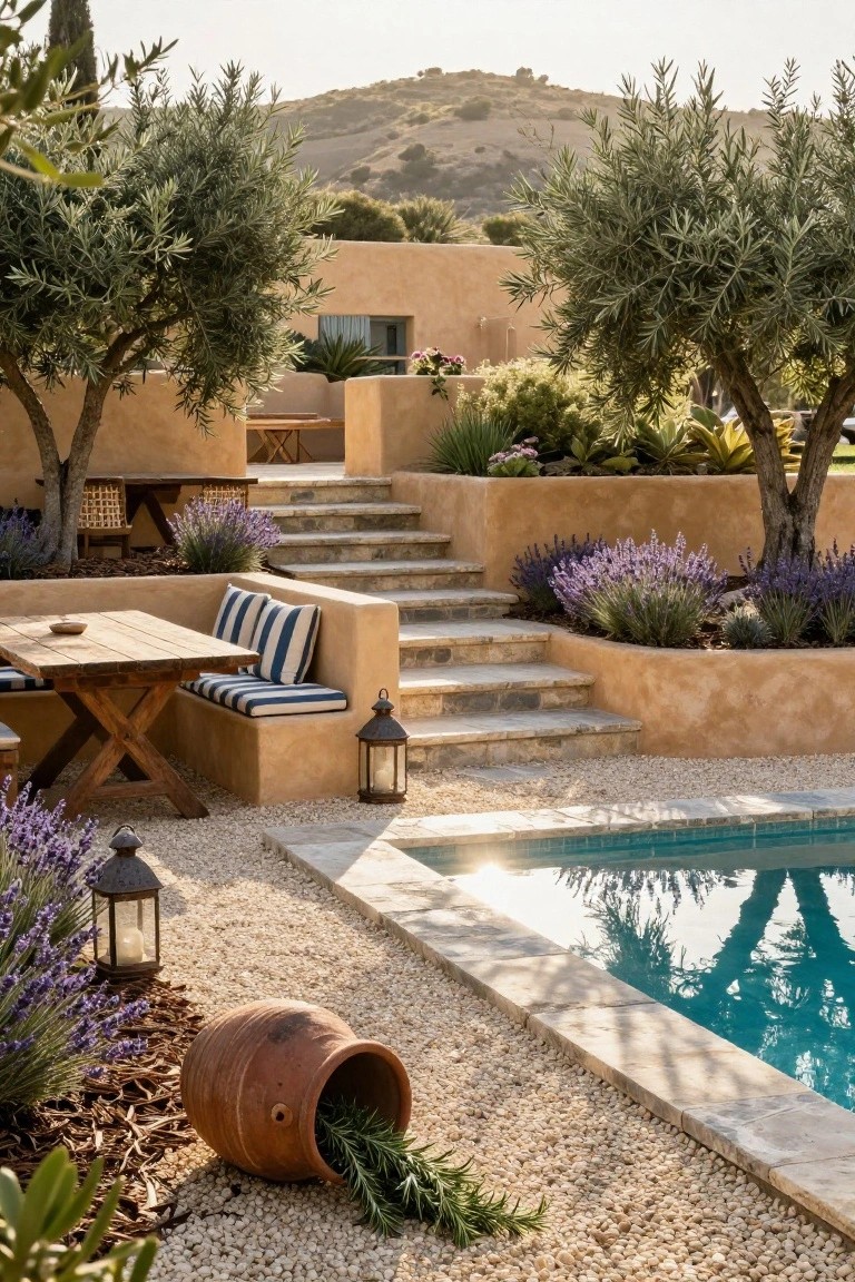 Outdoor poolside terrace with beige terracotta walls featuring built-in bench with blue-striped cushions and wooden table, surrounded by lavender plants, lanterns, olive trees, and a terracotta pot with rosemary on pebble ground cover.