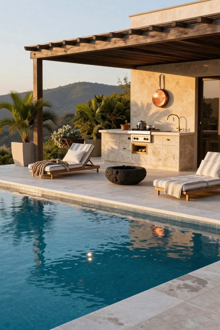 Outdoor kitchen with beige stone counters, gas cooktop, sink, and hanging copper pot under wooden pergola, next to striped lounge chairs and turquoise pool on tiled deck with hillside backdrop.