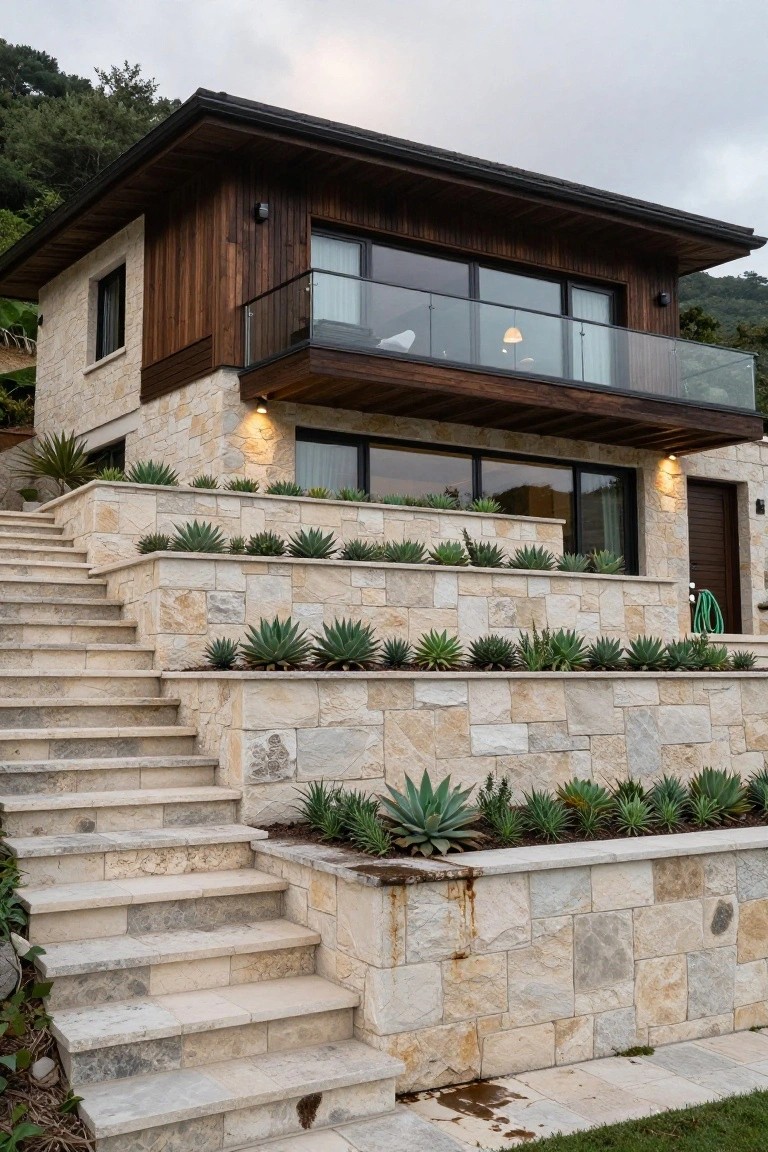 A two-story modern house with dark wood siding, large glass windows, and a glass balcony, built into a hillside with multiple levels of beige stone retaining walls, wide stone steps, and agave plants in the wall beds.
