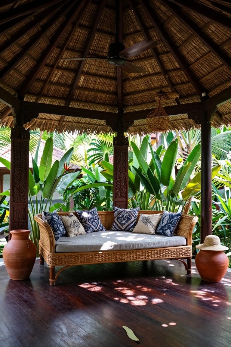 Open-sided thatched pavilion on a wooden deck featuring a central rattan daybed with blue pillows, flanked by large terracotta pots and surrounded by lush tropical plants.