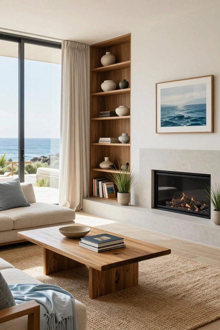 Modern living room interior featuring a beige L-shaped sofa, low wooden coffee table, built-in wooden shelves with ceramics and books flanking a black gas fireplace, large sliding glass doors with white curtains overlooking the ocean, and beige rug on light floor.