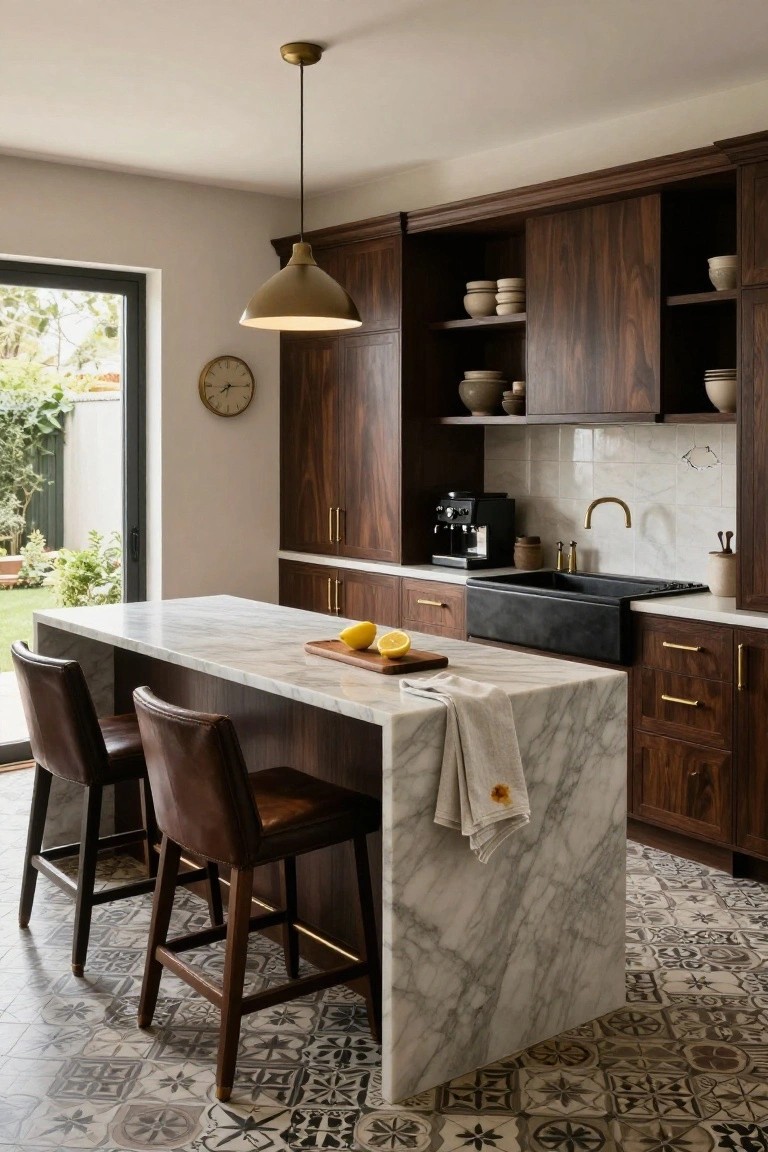 Kitchen interior with dark wood cabinets, white marble waterfall island holding a wooden board with lemons, two brown leather bar stools, black farmhouse sink, brass faucet, coffee machine, and view of garden through glass door on patterned tile floor.