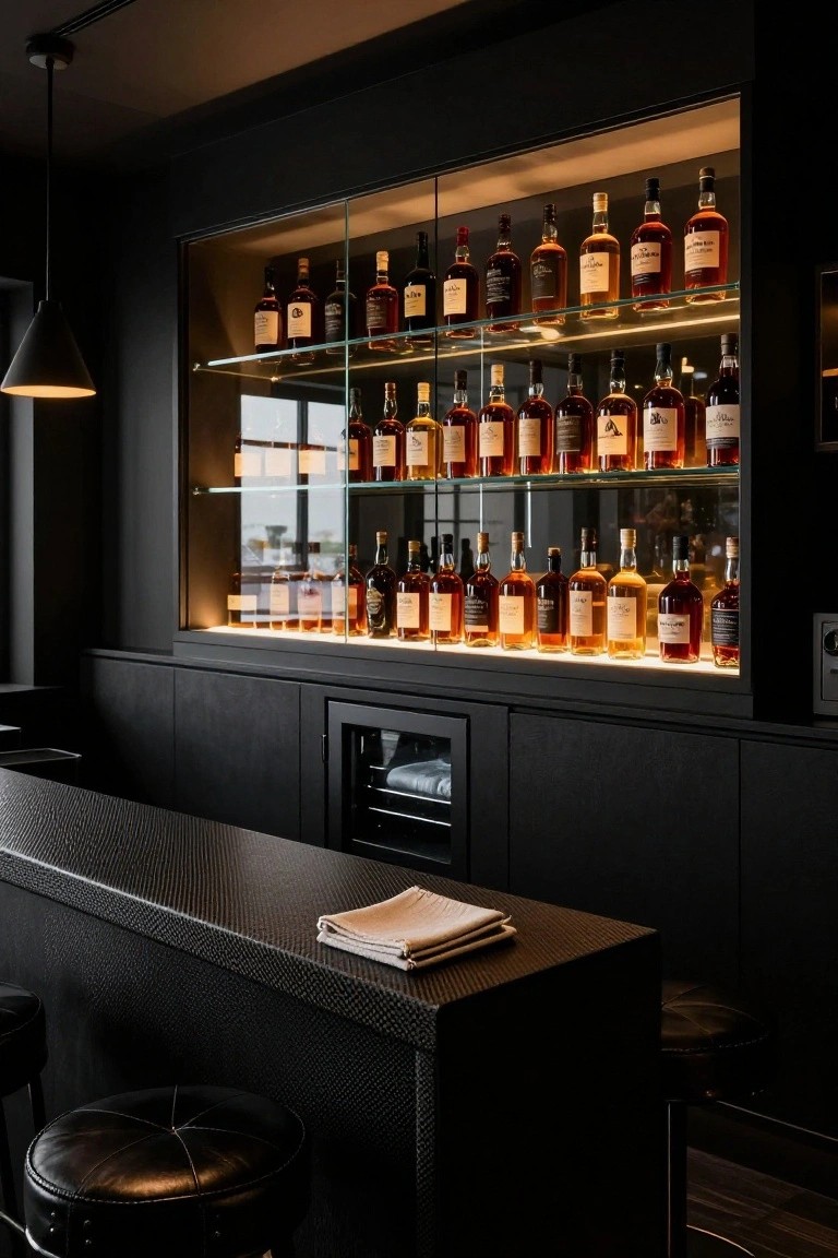 Modern home bar with black carbon fiber countertop, two black leather stools, beige napkins on the counter, and tall backlit glass cabinetry filled with numerous whiskey bottles.
