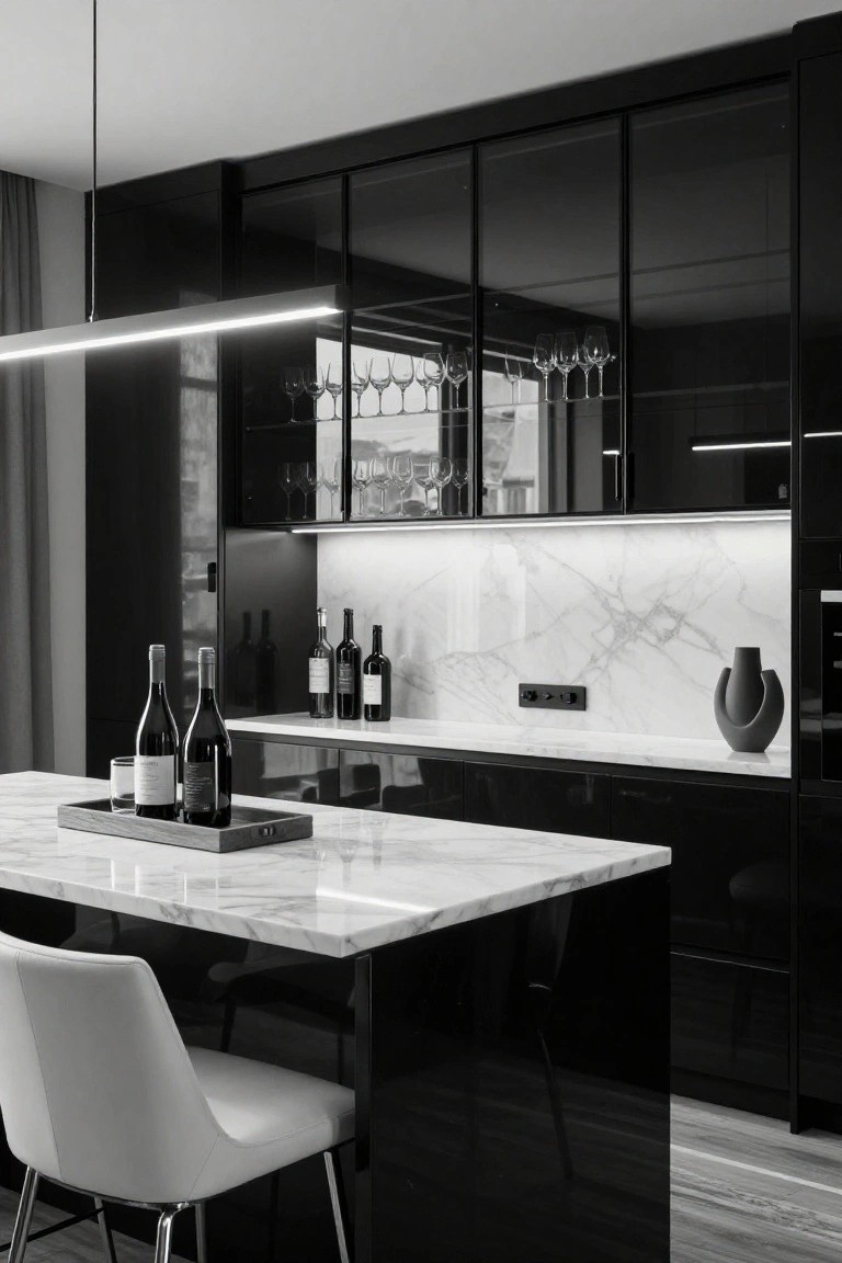 Modern black and white kitchen with glossy black cabinets displaying wine glasses, marble island countertop holding wine bottles on a wooden tray and a glass, white leather bar stool, and backlit upper cabinets.