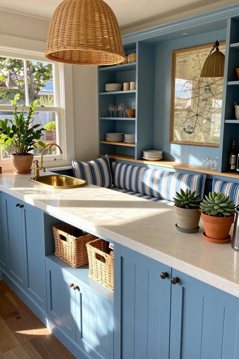Blue painted cabinets with white quartz countertop, gold sink, built-in bench with blue and white striped cushions, potted plants, rattan baskets, and pendant lights in a sunny kitchen nook.