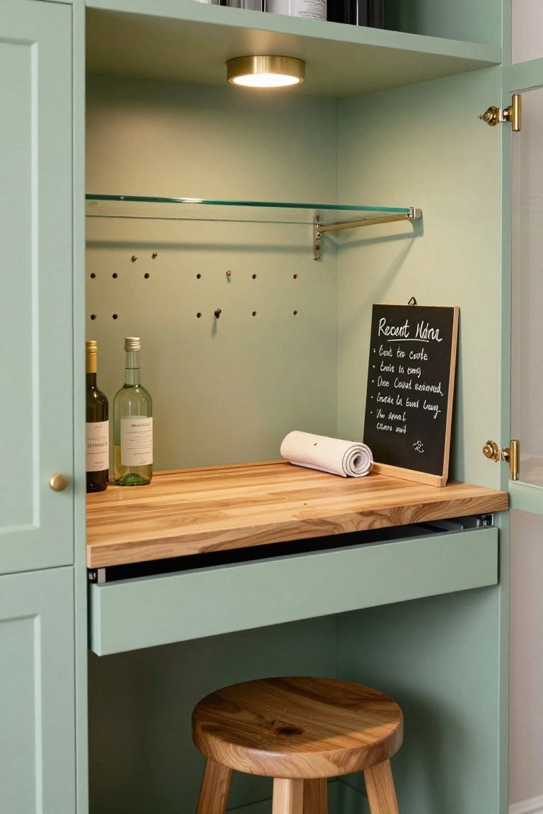 Open mint-green cabinet with glass-front door, wooden countertop holding a rolled towel and flanked by two wine bottles, chalkboard listing recent wines on the side, pegboard wall, drawer below counter, and wooden bar stool.